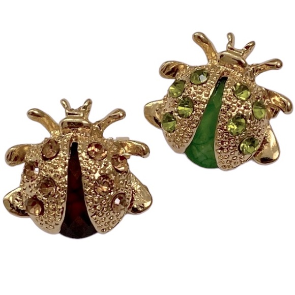 1 Brown and 1 Green small Rhinestone Insect/ Ladybug Brooch - Picture 3 of 8
